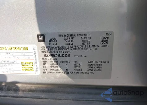 2015 GMC Acadia Slt-1 from USA, damaged, VIN 1GKKRRKD0FJ124702